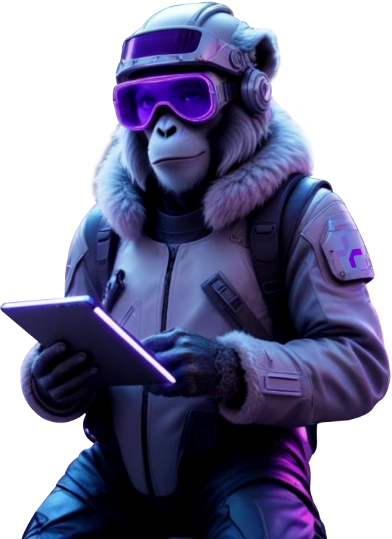 Monkey Plus, innovación en agencia de marketing digital Ilustración de mono futurista con tablet representando a la agencia de marketing digital Monkey Plus