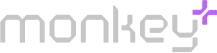 Logotipo Monkey Plus Logotipo gris y púrpura de Monkey Plus usado en el encabezado del sitio web