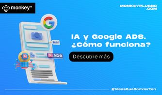 IA y Google Ads: cómo funciona Ilustración con robot de inteligencia artificial y elementos de Google Ads sobre fondo azul