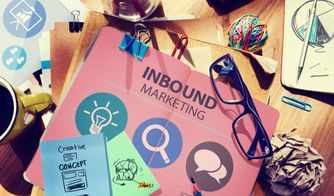 Inbound marketing: atracción de clientes potenciales Carpeta con ilustraciones y notas sobre inbound marketing en una mesa