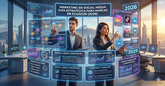 Marketing en Social Media 2026. Equipo de estrategia analizando métricas de marketing en social media para empresas en Quito y Guayaquil - Monkey Plus.