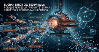 SEO IA vs Prompts Ecuador. Ilustración de la evolución tecnológica: del "Prompt Engineering" manual al SEO automatizado por datos para el mercado ecuatoriano - Monkey Plus.