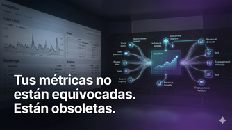Tus métricas no están equivocadas, están obsoletas | Marketing y ROI Ilustración que compara métricas tradicionales de marketing como tráfico y rankings con un panel moderno de influencia multicanal y crecimiento de ingresos.