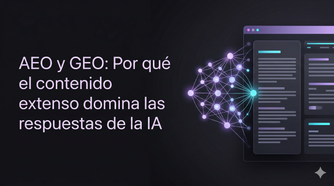 AEO y GEO: Cómo el contenido extenso domina las respuestas de la IA | Monkey Plus Ilustración tecnológica premium que presenta el texto del título "AEO y GEO: Por qué el contenido extenso domina las respuestas de la IA" en una tipografía sans-serif moderna sobre un fondo oscuro. A la derecha, una red geométrica de nodos violetas brillantes se conecta a una interfaz de navegador web futurista que muestra secciones de contenido estructurado con acentos de luz cian y púrpura, simbolizando la optimización de contenido para motores generativos de IA.