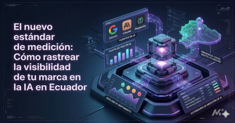 Medición Visibilidad IA Ecuador. Dashboard de métricas avanzadas rastreando el "share of voice" de una marca dentro de modelos de IA para el mercado de Ecuador - Monkey Plus.